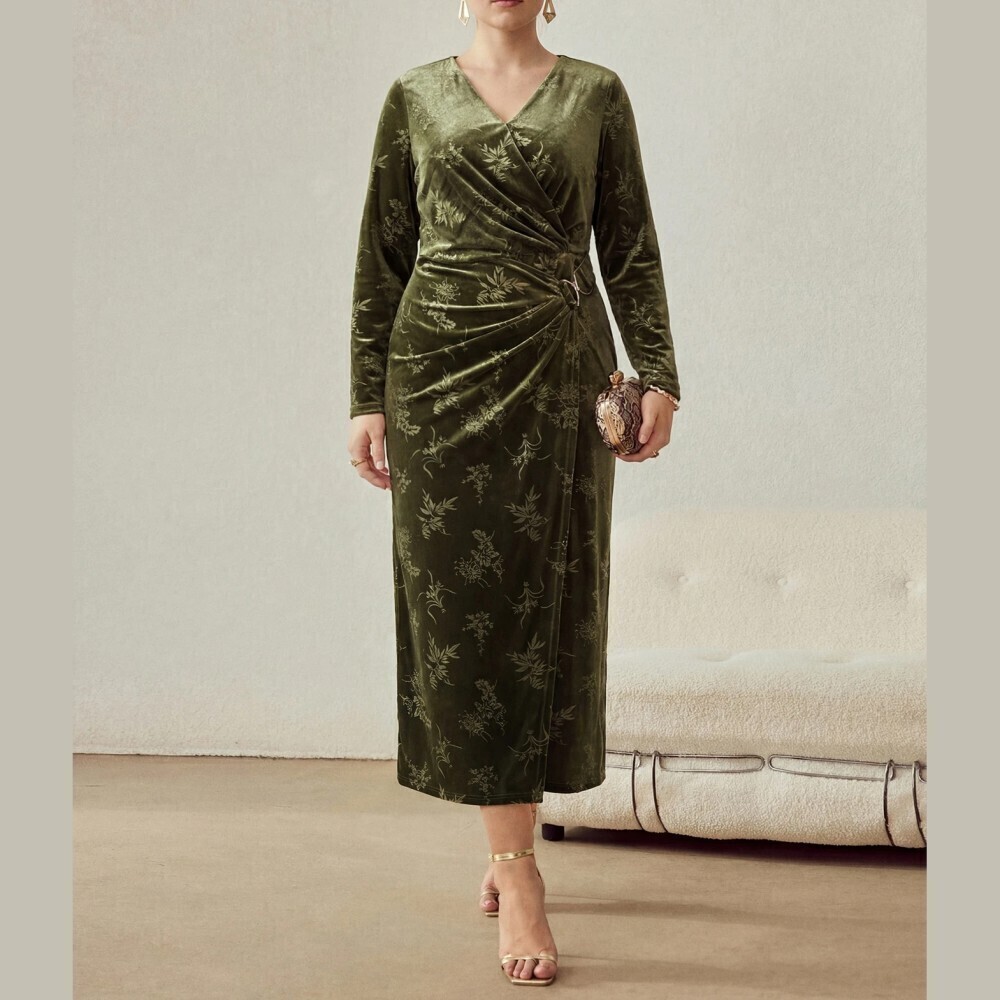 Olive Green Velvet Floral Print Faux Wrap Ring Detail Midi Dress